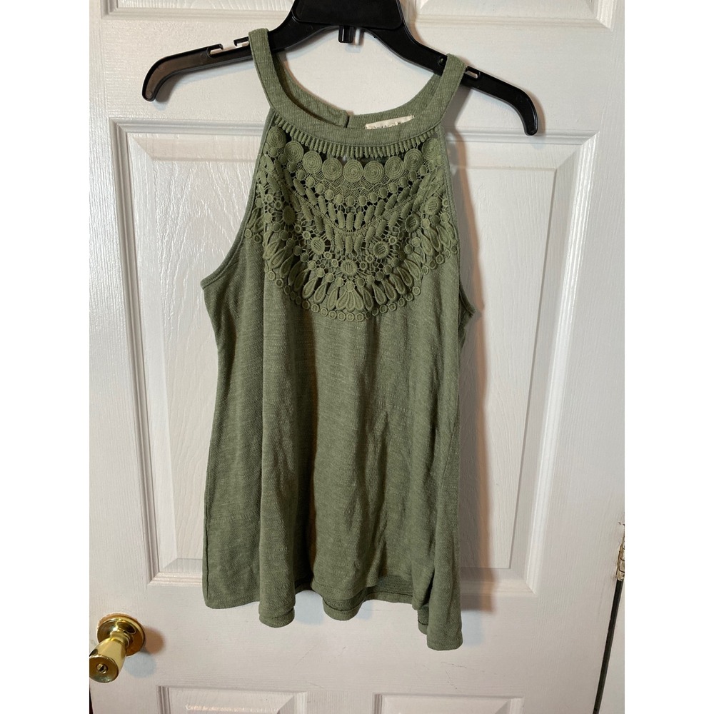 Above and Beyond Olive Green Crochet Lace Halter Tank Top Size Large Boho Slub